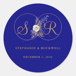 Navy Blue Gold Monogram Name Initial Wedding  Classic Round Sticker