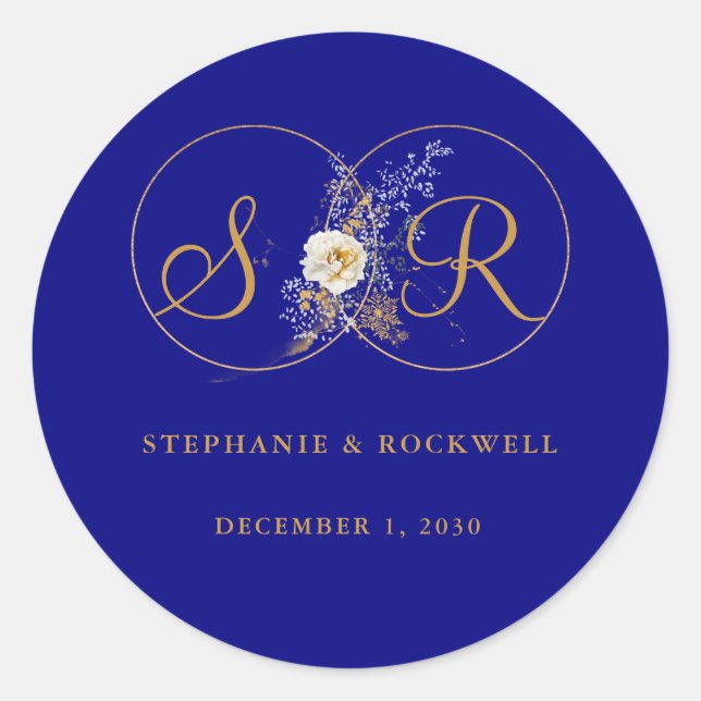 Navy Blue Gold Monogram Name Initial Wedding  Classic Round Sticker (Front)