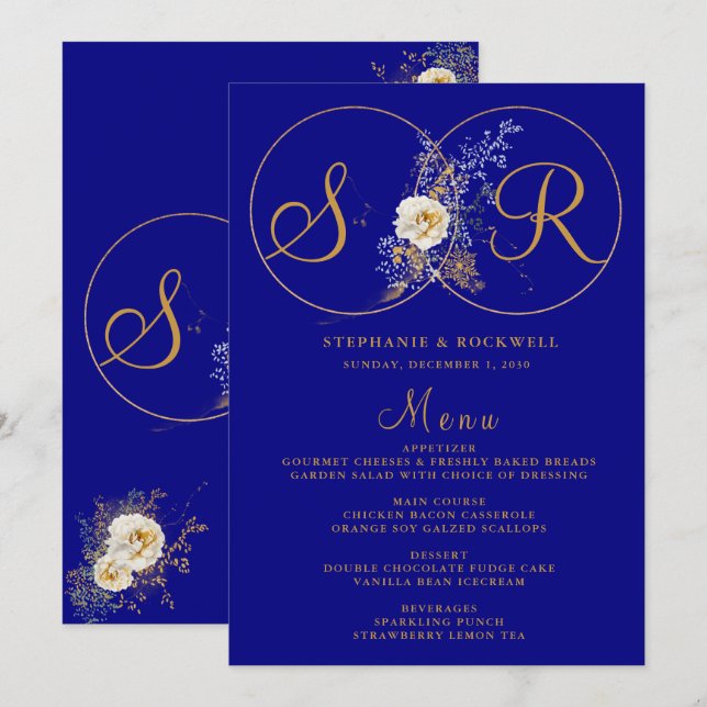 Navy Blue Gold Monogram Name Initial Wedding Menu (Front/Back)