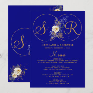Navy Blue Gold Monogram Name Initial Wedding Menu