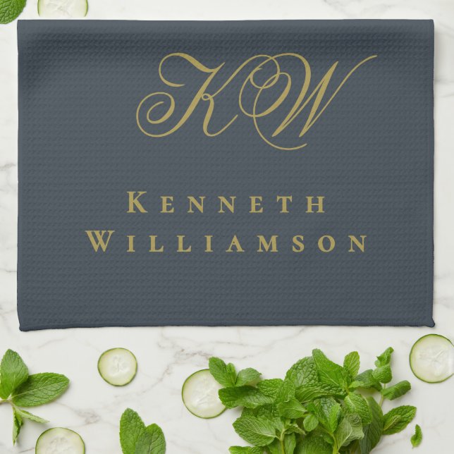 Navy Blue Gold Monogram Name Minimalist Chic Men  Kitchen Towel (Folded)