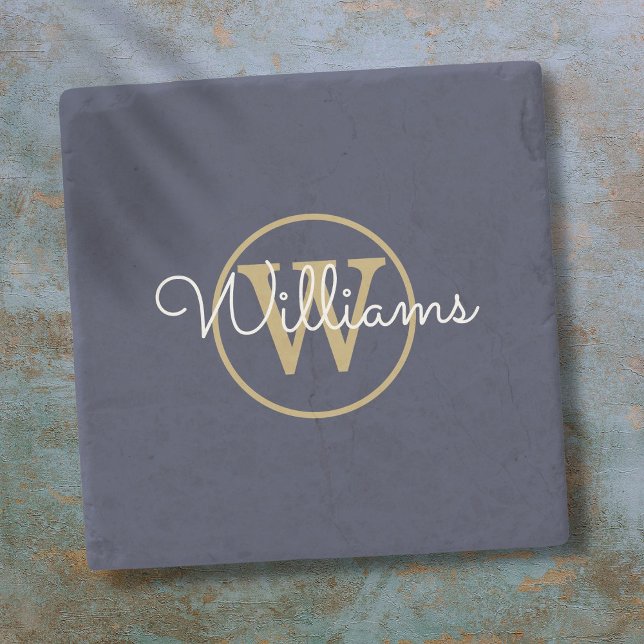 Navy Blue Gold Monogram Script Name Stone Coaster (Navy Blue Gold Monogram Script Name Stone Coaster)