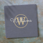 Navy Blue Gold Monogram Script Name Stone Coaster<br><div class="desc">Classic navy blue and gold monogram coaster. You can personalize the name,  monogram and customize the font and colours to create your own unique design. Designed by Thisisnotme©</div>