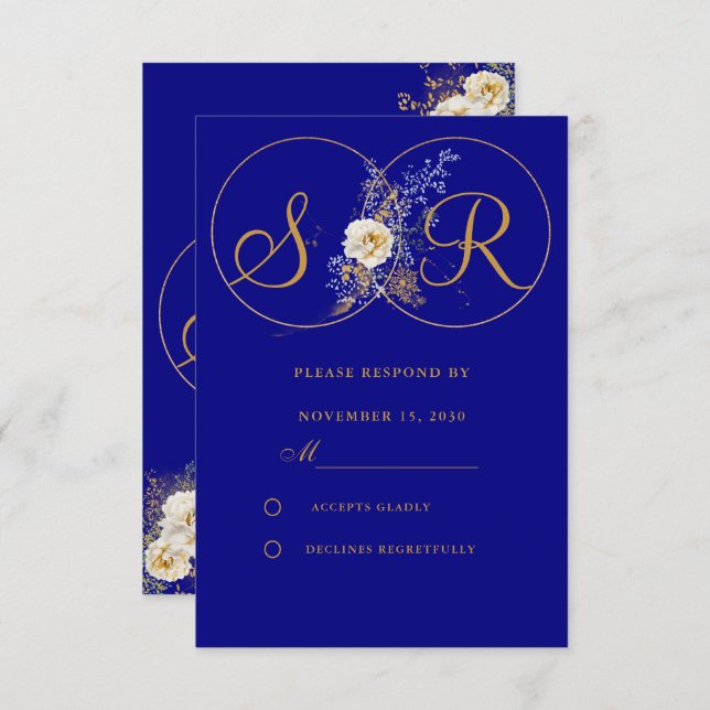 Navy Blue Gold Monogram Wedding RSVP Card (Front/Back)