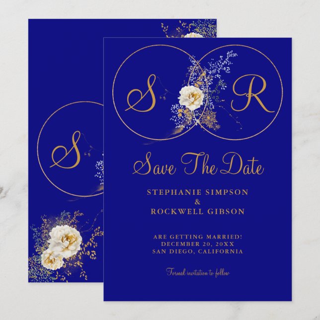 Navy Blue Gold Monogram Wedding   Save The Date (Front/Back)