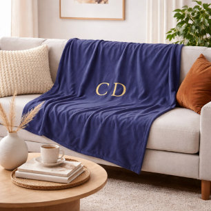 Navy blue gold monogrammed initials luxury fleece blanket