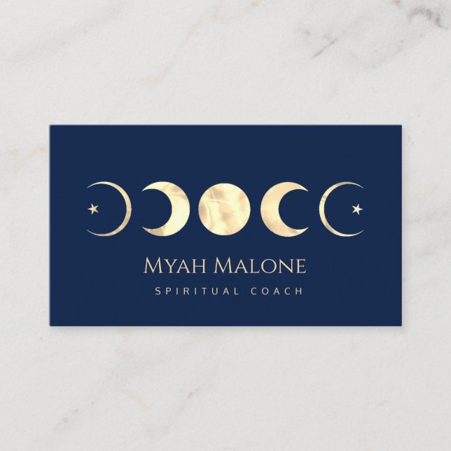 Navy Blue & Gold Moon Phase Yoga Spiritual Coach Business Card (Front)