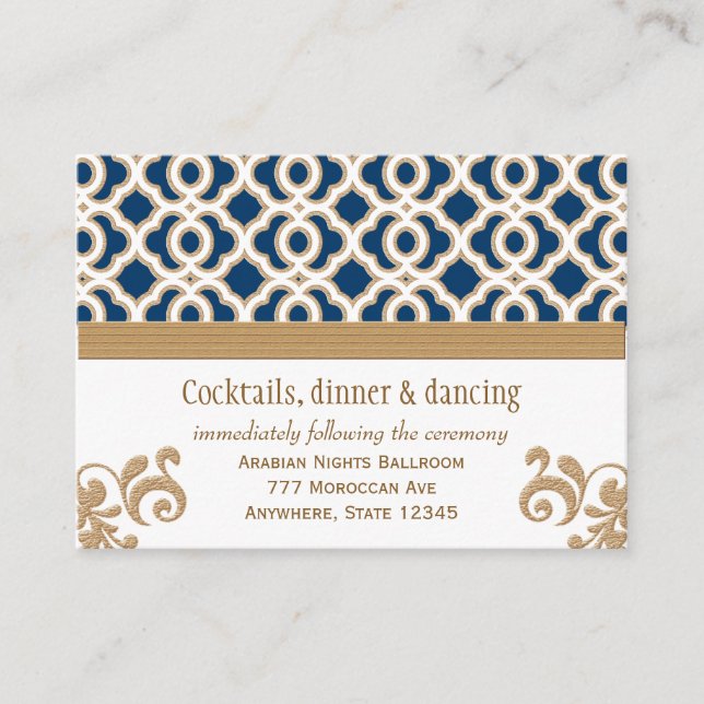 Navy Blue Gold Moroccan Reception Enclosure Card (Front)