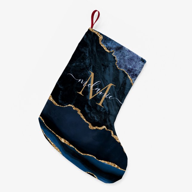 Navy Blue Gold Name Letter Christmas Stocking (Front (Hanging))