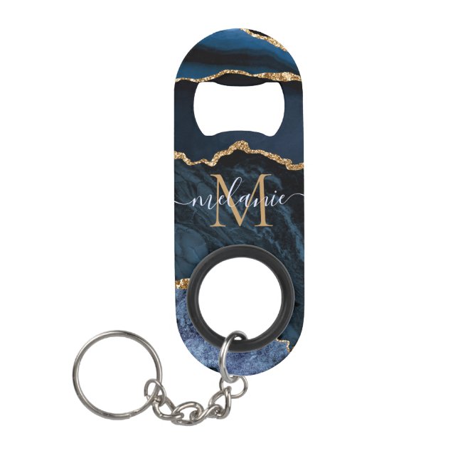 Navy Blue Gold Name Letter Keychain Bottle Opener (Front)
