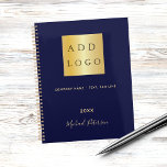 Navy blue gold name script business logo 2025 planner<br><div class="desc">A stylish,  classic navy blue background.  Personalize and add your business,  company logo,  a text,  year and personal name.  Golden letters.  If you want it without text,  use your back-space key to delete.
Add your own website address on the back.</div>