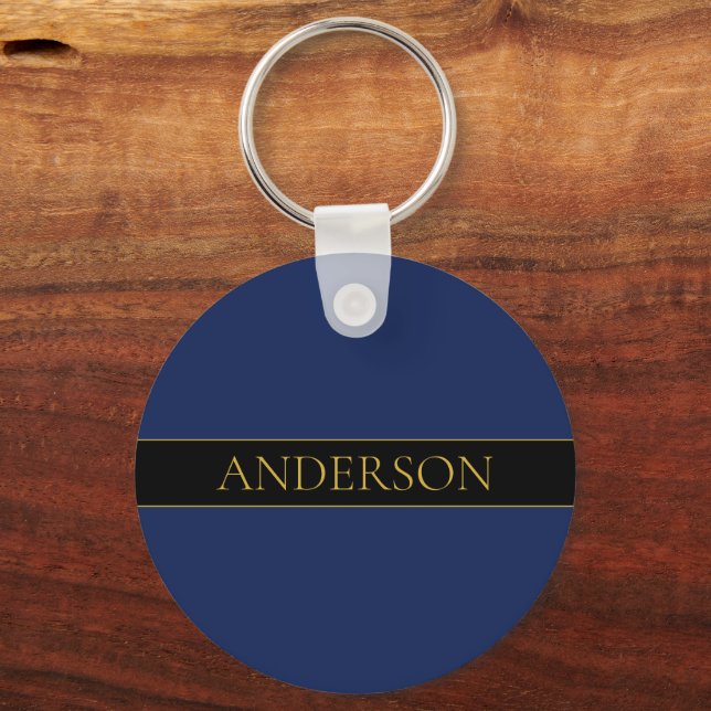 Navy Blue & Gold Name Surname or Business  Keychain (Front)