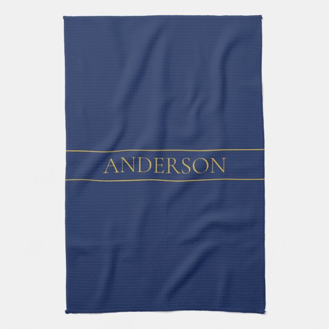 Navy Blue & Gold Name Surname or Business  Kitchen Towel (Vertical)