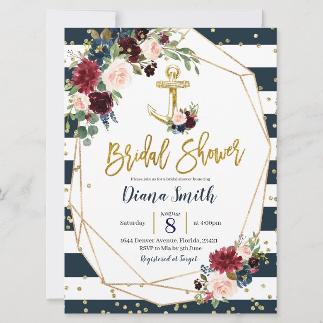 Navy Blue & Gold Nautical Bridal Shower Invitation (Front)