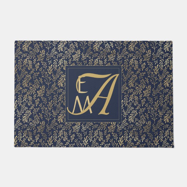 Navy Blue Gold Newly Weds Wedding Monogram Decor Doormat (Front)