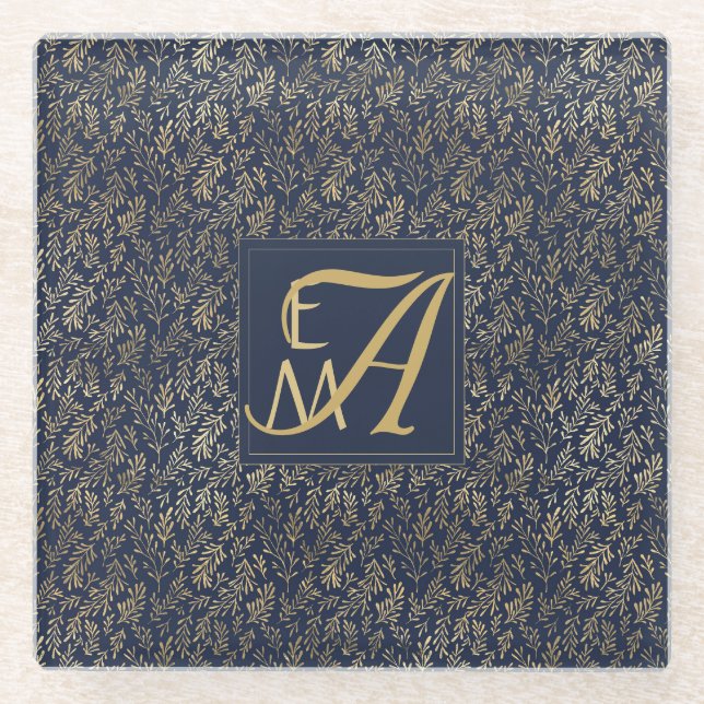 Navy Blue Gold Newly Weds Wedding Monogram Decor Glass Coaster (Front)