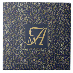 Navy Blue Gold Newly Weds Wedding Monogram Decor Tile