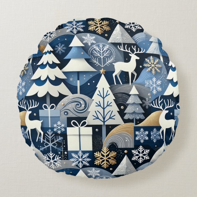 Navy Blue Gold Nordic Christmas Forest Pattern Round Pillow (Front)