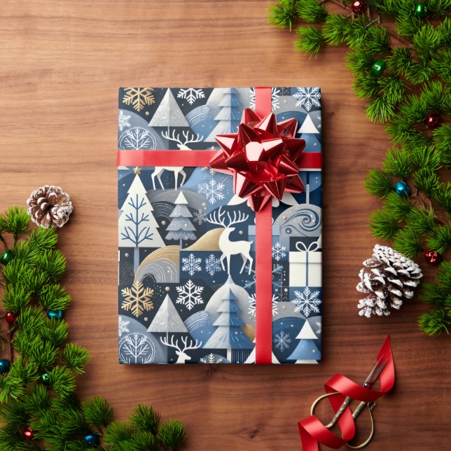 Navy Blue Gold Nordic Christmas Forest Pattern Wrapping Paper (Holiday Gift)