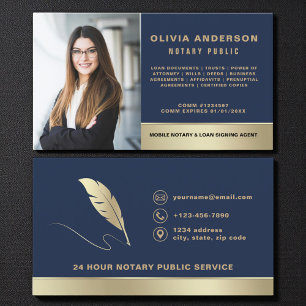 Navy Blue Gold Notary Public Signing Agent Photo Business Card