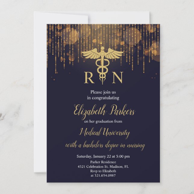 Navy Blue Gold Nursing Graduation Party Invitation (Front)