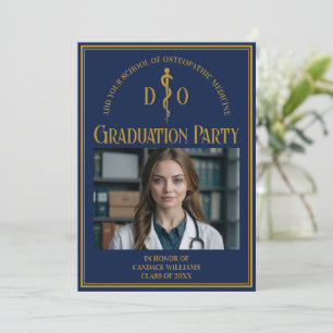 Navy Blue Gold Osteopathic School Graduation Party Invitation