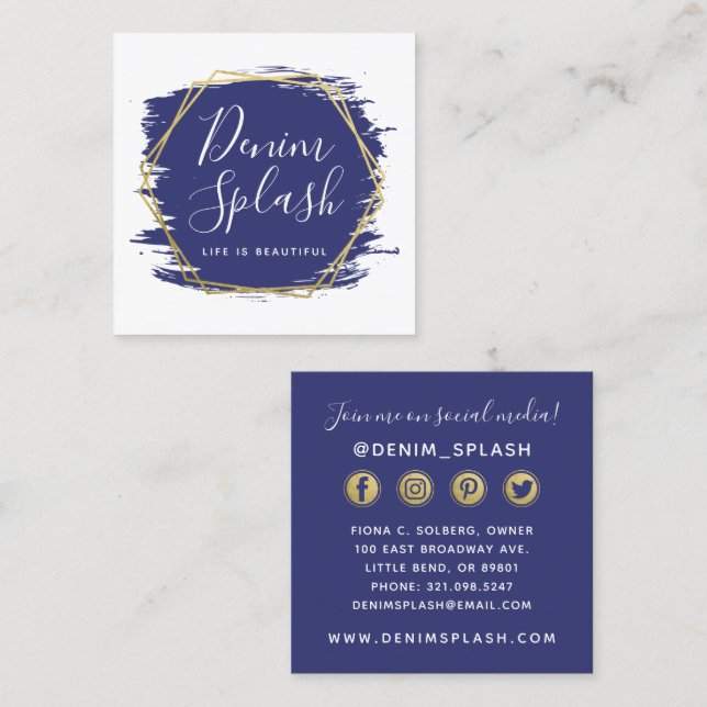 Navy Blue & Gold Paint Stroke Social Networking Square Business Card (Front/Back)