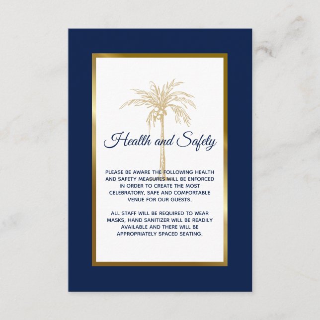 Navy Blue Gold Palm Tree Wedding Health and Safety Enclosure Card (Front)