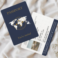 Navy Blue Gold Passport Destination Wedding Photo