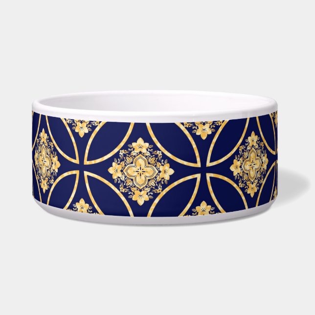 NAVY BLUE & GOLD PATTERNED DOG/CAT BOWL (Front)