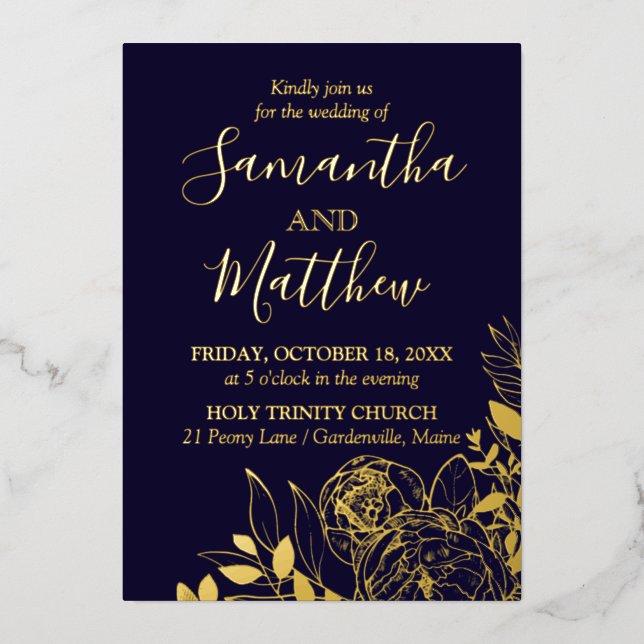 Navy Blue & Gold Peony Modern Floral Wedding (Front)