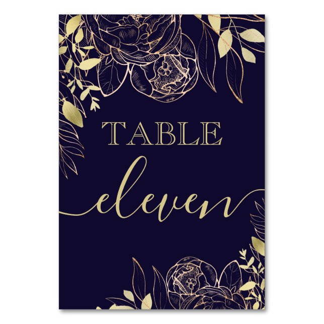 Navy Blue & Gold Peony Modern Floral Wedding Table Number (Front)
