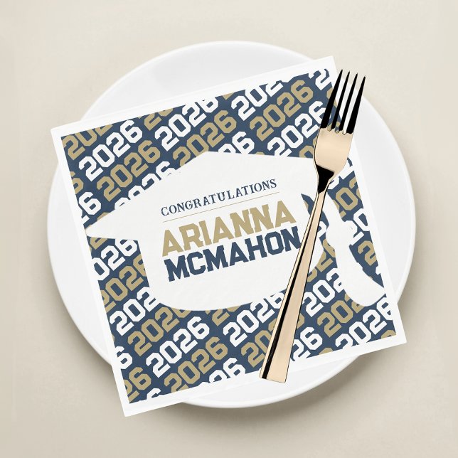 Navy Blue & Gold Personalized Graduation Cap Paper Napkin (Navy Blue and Gold Graduation Class Year Graduation Cap Paper Napkins)