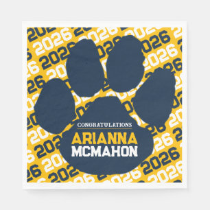 Navy Blue & Gold Personalized Paw Graduation Paper Napkin
