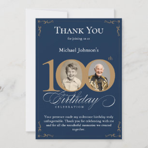Navy Blue Gold Photo 100th Birthday Thank You Card