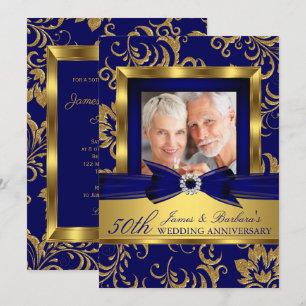 Navy Blue Gold Photo 50th Wedding Anniversary Invitation