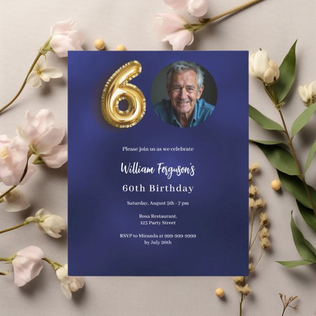 Navy blue gold photo 60th birthday invitation (Creator Uploaded)