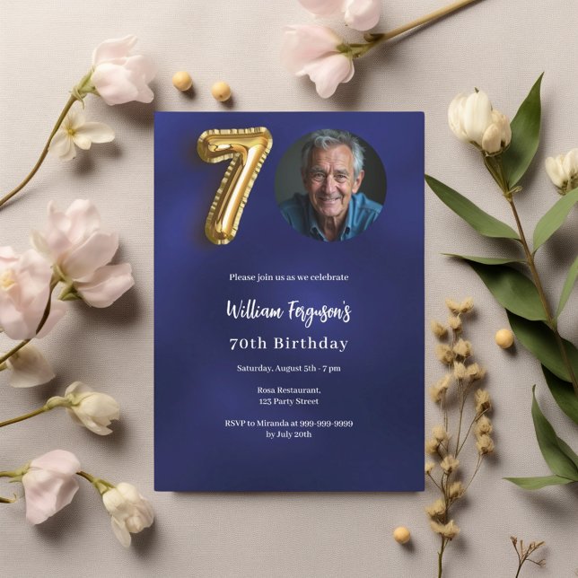 Navy blue gold photo 70th birthday invitation (Creator Uploaded)