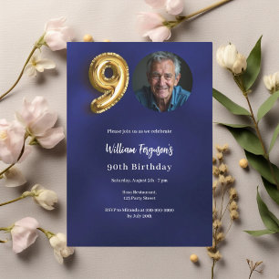 Navy blue gold photo 90th birthday invitation