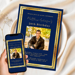 Navy blue gold photo birthday invitation