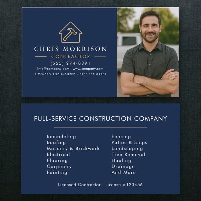 Navy Blue Gold Photo Building Construction Business Card (Creator Uploaded)
