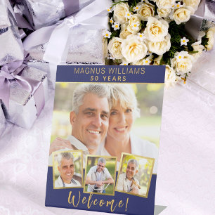 Navy blue gold photo collage birthday welcome pedestal sign