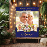Navy blue gold photo collage birthday welcome poster<br><div class="desc">Create your own unique photo collage. Use four,  4 of your favourite photo. Personalize and add a name and age. A classic navy blue coloured background,  faux gold frames and golden text.</div>