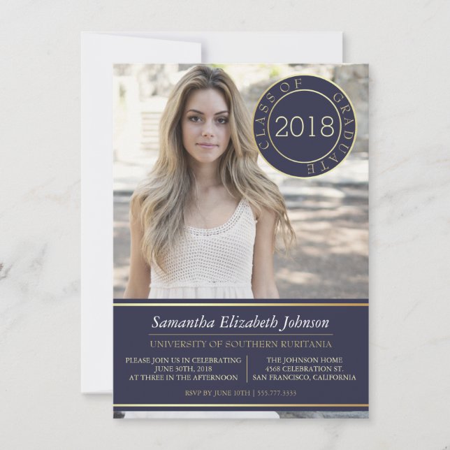 Navy Blue & Gold | Photo Graduation Party Invitation (Front)