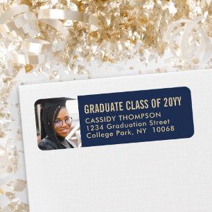 Navy Blue Gold  Photo Graduation Return Address