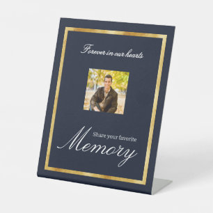 Navy blue gold photo memorial share a memory pedestal sign