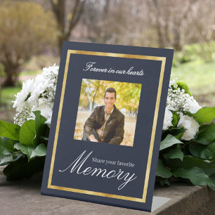 Navy blue gold photo memorial share a memory pedestal sign