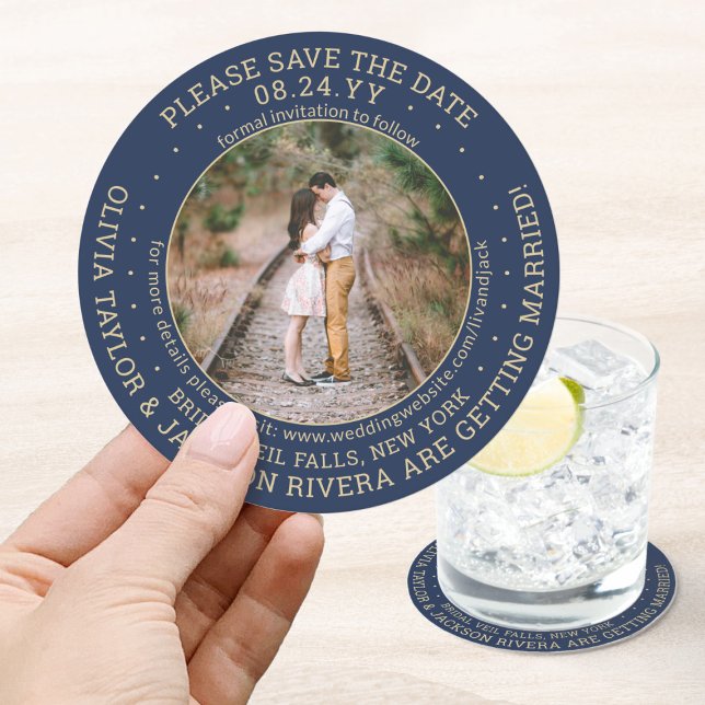Navy Blue Gold Photo Modern Wedding Save the Date Round Paper Coaster (Creator Uploaded)