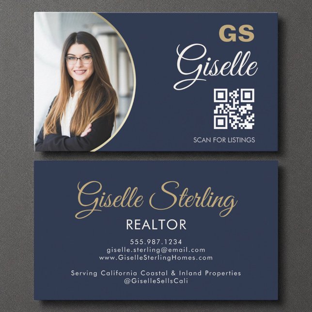 Navy Blue Gold Photo Monogram Realtor QR Code  Business Card (Creator Uploaded)
