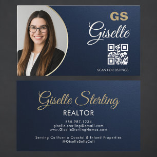 Navy Blue Gold Photo Realtor QR Code Metallic Business Card